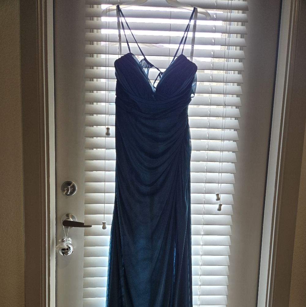 Azazie Teal Prom Rouched Gown Side Slit - Picture 3 of 5